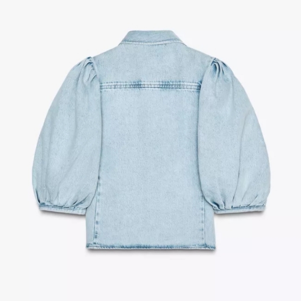 Zara Zw Collection Light Blue Denim Shirt With Puffed Sleeves Sz-XL - Picture 2 of 10